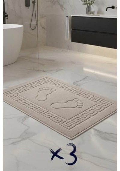 Formeya 3'lü Ayak İzli Ayak Havlusu - Paspas Banyo Seti 3 Adet Bej Açık Gri