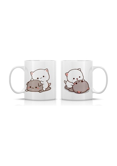 Çay Kahve Espresso Fincanı Mochi Cat Sevgili Çift Aşk Kupa Seti 2 Adet Beyaz
