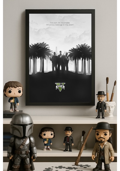 Gta V Siyah Ahşap Çerçeveli Poster, Dekoratif Oyun Duvar Tablosu
