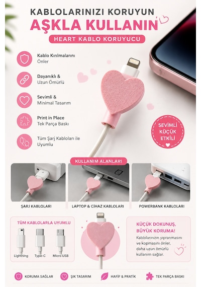 Kalp Tasarımlı Şarj Kablosu Koruyucu Kablo Kırılma Önleyici 3d Baskı - Pembe