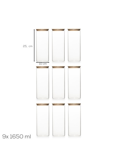 Porsima 3-3 Bambu Vakumlu Kapaklı Yuvarlak Borosilikat Cam 9lu Kavanoz Seti Saklama Kabı 1650ml 10x25cm Şeffaf