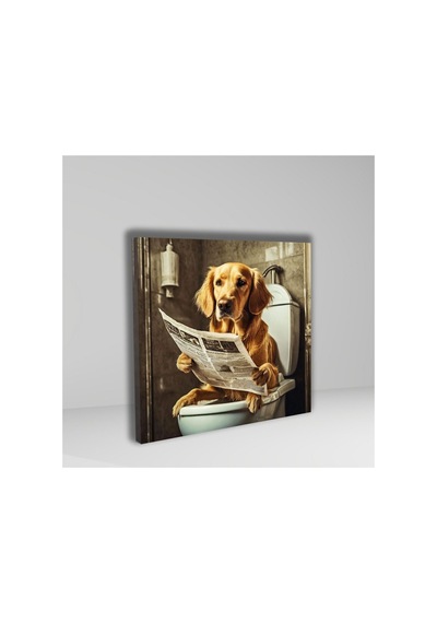 Tekli Kare Kanvas Banyo Tablosu Gazete Okuyan Golden Cins Köpek Kanvas Çok Renkli Çerçevesiz