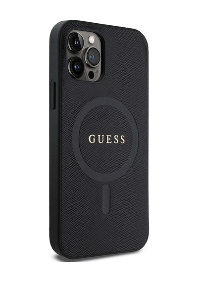 Apple Uyumlu iPhone 12 Pro Kılıf Guess Lisanslı Magsafe Şarj Özellikli Yazı Logolu Saffiano Classic Kapak Siyah