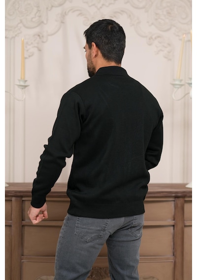 Woolen World Polo Yaka Fermuar Kapamalı Klasik Kesim Astarlı Çelik Örgü Hırka Siyah