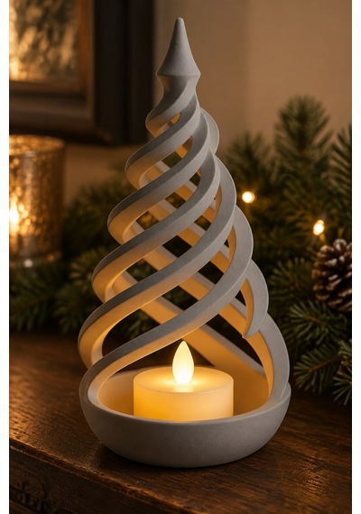 Minimalist Spiral Noel Ağacı Şeklinde Led Mum Tutucu Gri