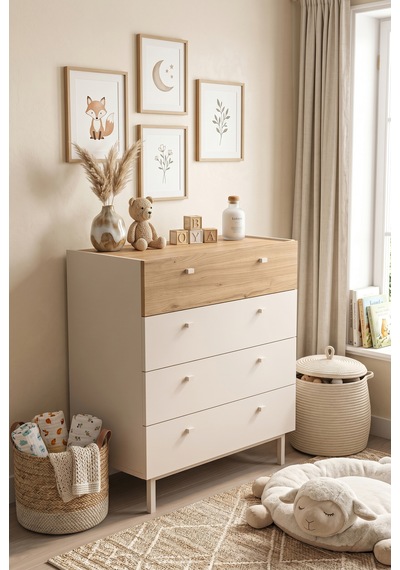 Robinhome Bebek Odası Çocuk Odası Geniş Şifonyer 4 Çekmeceli Ahşap Ayaklı