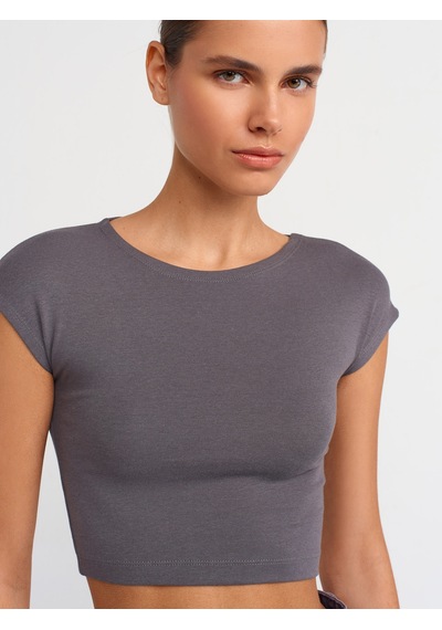 Dilvin Pamuk Ve Modal Karışımlı Crop Top Füme