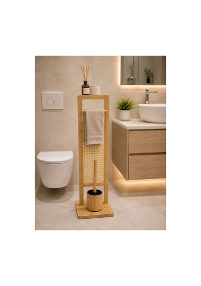 Dikdörtgen Bambu Banyo Takımı Tuvalet Kağıtlığı Ve Wc Fırça Seti Beyaz Beyaz