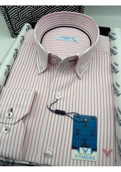 Slim Fit Uzun Kol Premium Çizgili Yaka Düğmeli Hediye Kutulu Erkek Gömlek Fs-004440 - Pembe-3177