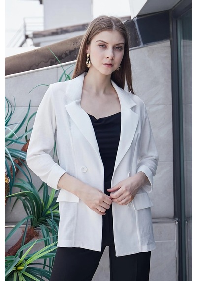 Yazlık Likrasız Keten Kumaş Yakalı Cep Kapaklı Oversize Blazer Ceket-beyaz Beyaz