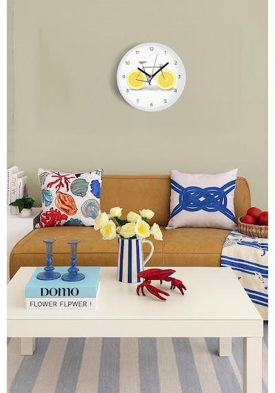 Limon Bisikleti Modern Tasarım Mutfak Duvar Saati - 42cm - Önü Camlı Beyaz Kasa - Sessiz Mekanizma Beyaz
