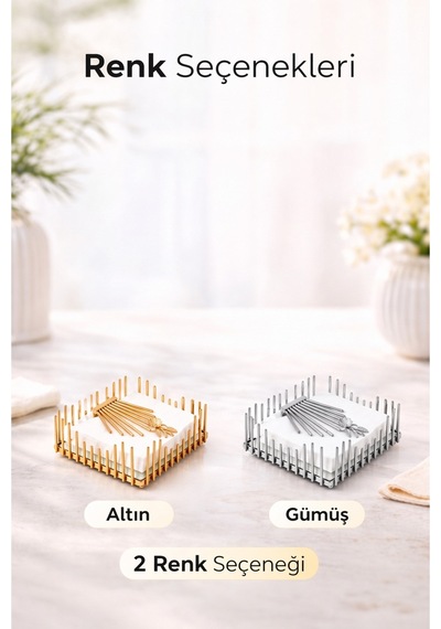 Gümüş Metal Aynalı Çiçek Model Lüks Kare Peçetelik Mutfak Servislik Çeyizlik Sofra Organizeri Zenith