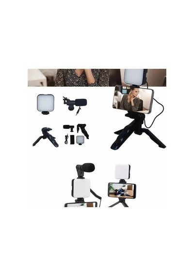 Telefon Tutucu Led Işıklı Mikrofonlu Video Kayıt Kiti Mini Tripodlu