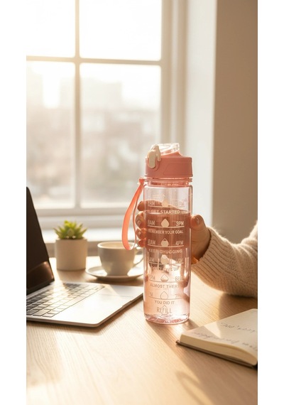 Bymyhand Pembe Taşıma Kulplu Kilit Kapaklı Pipetli Suluk Okul Matarası 1000 Ml