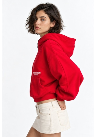 Hiccup Fermuarlı Kapüşonlu Sweatshirt Kırmızı