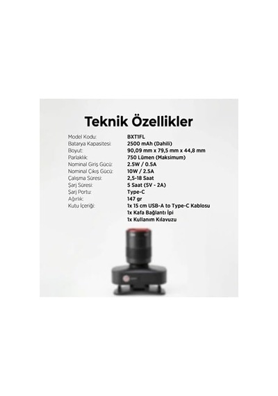 Tr Bxt1fl 10w Şarj Edilebilir Kafa Feneri 750 Lümen 2500mah 4 Işık Modlu Zoom Özellikli Led Kafa Diğer