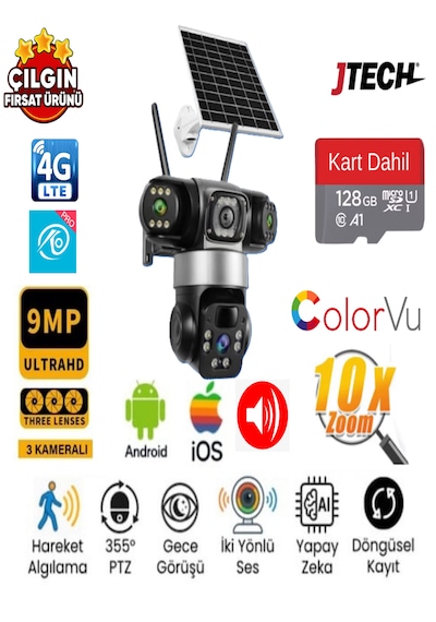 O-kam 6060 3+3+3 9mp 4g Sim Kartlı Solar Panelli 3 Lens 1 Ptz Akıllı Kamera + 128gb Sd Kart Dahil