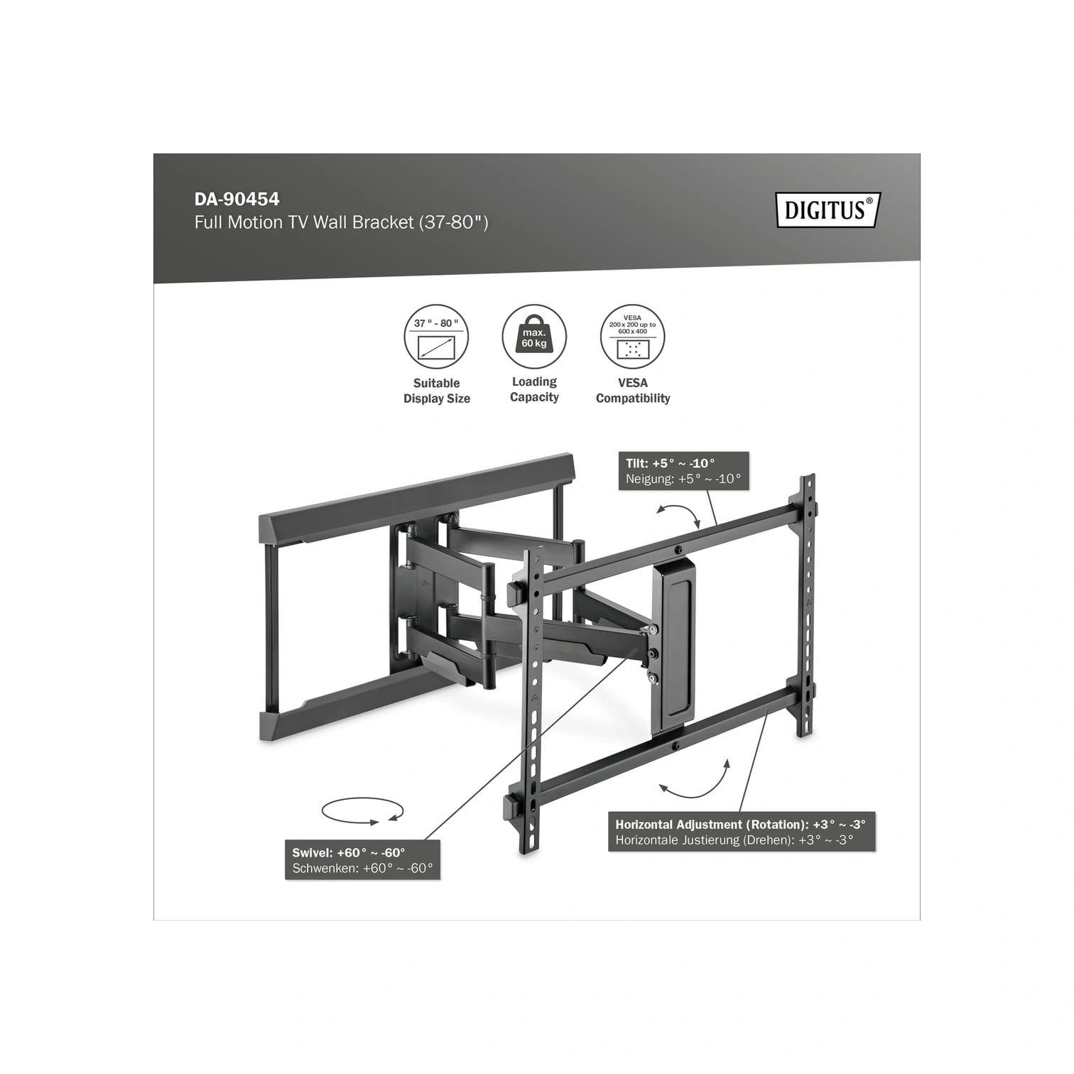 Tam Hareketli Tv Duvar Tutucusu 37-80", 60 Kg Taşıma Kapasitesi