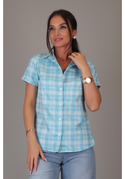 Sweetness Kadın Mavi Kareli Kısa Kollu Pamuklu Gömlek Dk-1190 Mavi