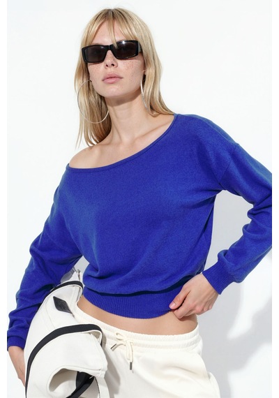 Hiccup Busem Kadın Kısa Bisiklet Yaka Sweatshirt Kobalt Mavisi