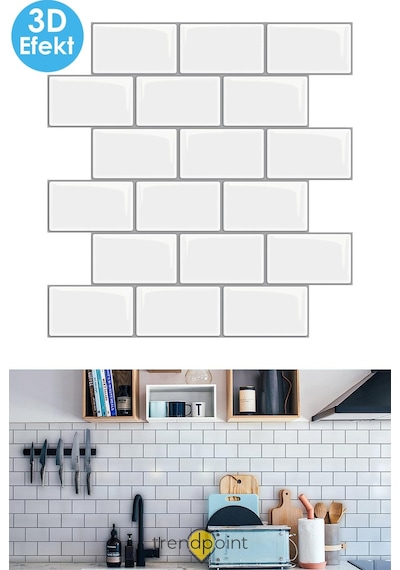 Trendpoint 3d 30 30cm Mutfak Tezgah Arkası Kaplama Kendinden Yapışkanlı Beyaz Seramik Görünüm Banyo