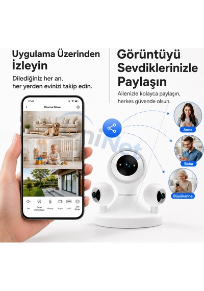 Uninet Üç Kameralı Wifi Iç Mekân Güvenlik Kamerası Üçlü Görüntü, Uzaktan Izleme Ve Gece Görüşü 355 Derece Ptz Kamera