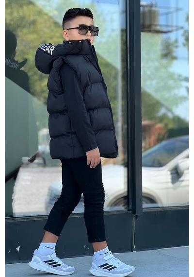Pina Kids Erkek Çocuk Baskılı Çıkarılabilir Kapüşonlu Şişme Yelek 3017 Siyah