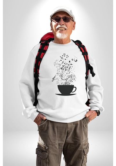 Kahve Müzik Nota Unisex Beyaz Sweatshirt Beyaz