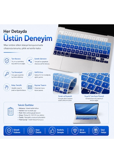 Macbook Pro 14.2 İnç M1 M2 M3 M4 M5 A2442 A2992 Uyumlu Türkçe Q Klavye Koruyucu Mavi Ombre Silikon Diğer