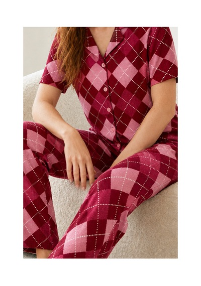 Fit Women Kadın Kısa Kol Desenli Kırmızı Pijama Takımı 4730