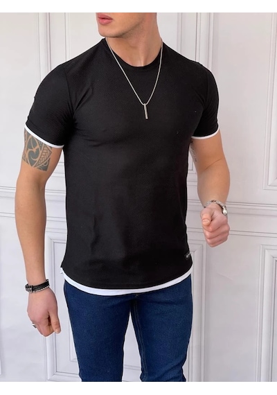 Modefendi Slim Fit Örgü Desen Pamuklu Parçalı Tshırt Siyah