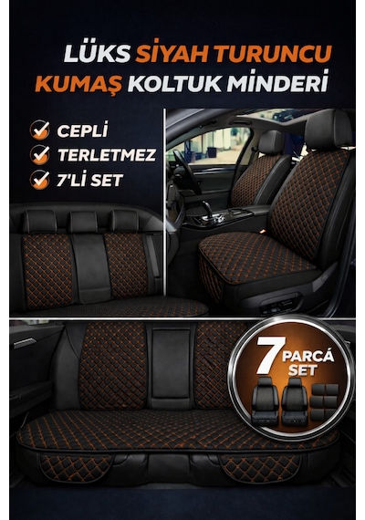 Tegin Üniversal Uyumlu Kumaş Koltuk Minderi Kapitone Desen Terletmez Yedili Set Siyah Turuncu
