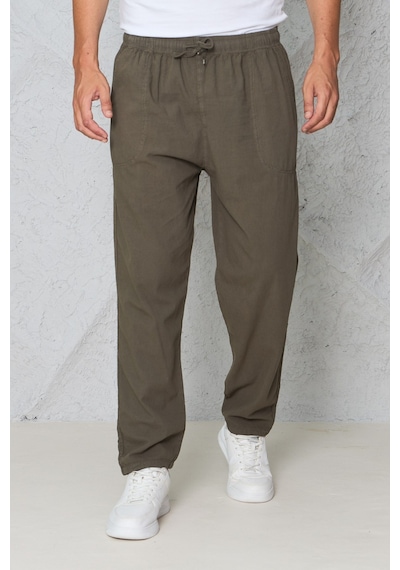 Blayn Jeans Erkek Haki Jogger Pantolon Beli Lastikli Bağcıklı %100 Pamuk Keten Baggy Rahat Günlük Pantolon