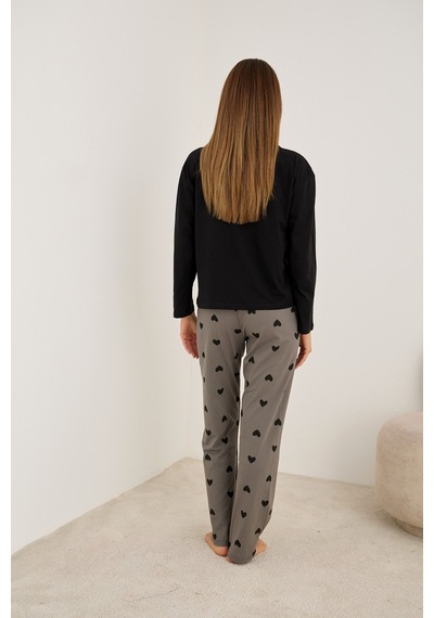Siyah İnci Pamuklu Örme Pijama Takım7948 Gri Siyah Kalp