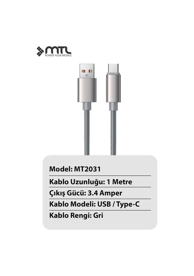 3.4a Usb To Type-c Örgülü Alüminyum Başlıklı Hızlı Şarj Ve Data Kablosu 1 Metre Mt2031