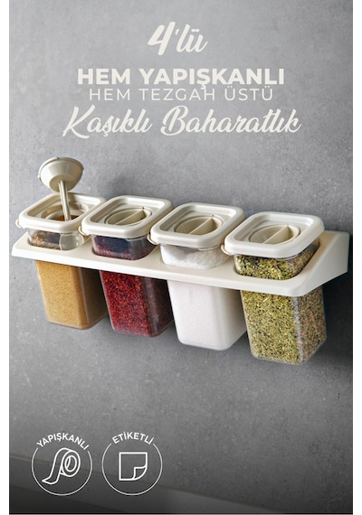 Kitchen Life 4'lü Etiketli Standlı Kilitli Kaşıklı Kendinden Yapışkanlı Kare Baharatlık Takımı - Erzak Kabı Seti Krem