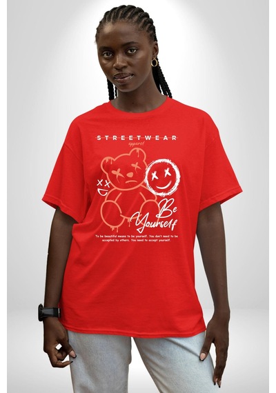 Yükseliş İçin Kendin Ol Pamuklu Bisiklet Yaka Unisex Oversize Boyfriend Dijital Baskılı Kırmızı T-shirt Kırmızı