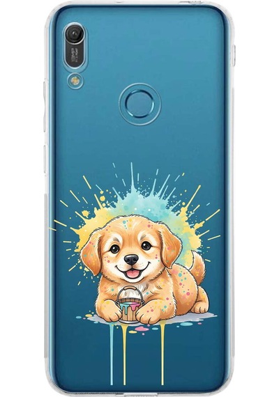 Huawei Y6 Pro 2019 İle Uyumlu Splash Köpek Tasarımlı Şeffaf Silikon Kılıf Şeffaf