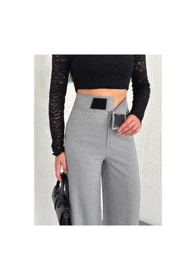 Gugus Kadın Cepsiz Dokuma Kumaş Pantolon Beli Cırtlı Bol Paça Wide Leg Model Gri