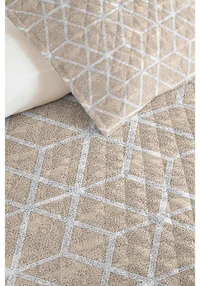 Bej Geometrik Genç Odası Tek Kişilik Pike Takımı - Modern Beyaz 160x220 Cm Kapitone Yatak Örtüsü Kırmızı