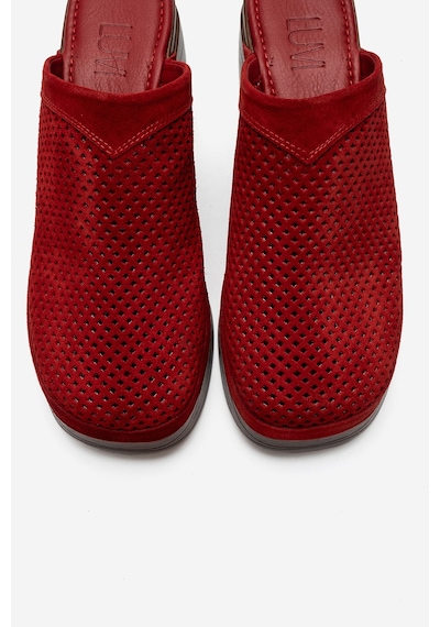 Luvi Shoes Dejas Kırmızı Süet Hakiki Deri Delikli Kadın Kalın Topuklu Terlik