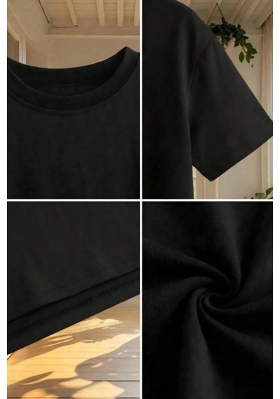 Kadın Siyah Bisiklet Yaka Oversize Crop Tişört - %100 Pamuklu Basic Kısa Kol Siyah Kadın Siyah Bisiklet Yaka Oversize Crop Tişört - %100 Pamuklu Basic Kısa Kol Siyah