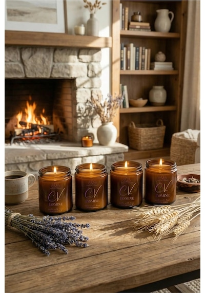 4 Lü Amber Cam Kavanoz Aromaterapi Mum Seti Yasemin Kokulu %100 Doğal Soya Wax Kapaklı 100 Cc Amber