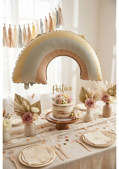 Retro Gökkuşağı Sarı Balon Stand Seti Şeffaf 7 Li Stand + Retro Gökkuşağı Folyo Balon 81 44 Cm + 7 Lateks Balon