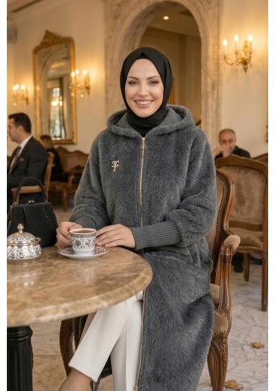 Hb Harma Time Butik Kadın Fermuarlı Kapüşonlu Angora Gri Kürk Kaban