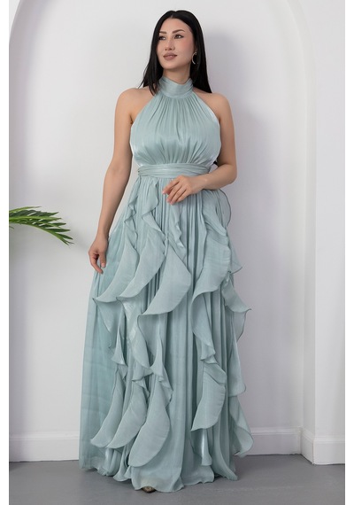 Kalopya Halter Yaka Eteği Fırfırlı Saten Elbise Eli6073 Mint