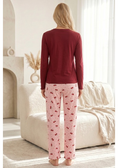Siyah İnci Pamuklu Likralı Bisiklet Yaka Örme Pijama Takım26240288 Bordo