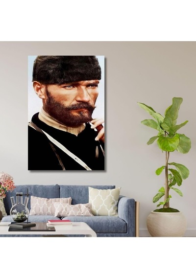 Tekli Dikey Kanvas Duvar Tablosu Yan Açı Kalpaklı Atatürk, 30 X 40 -