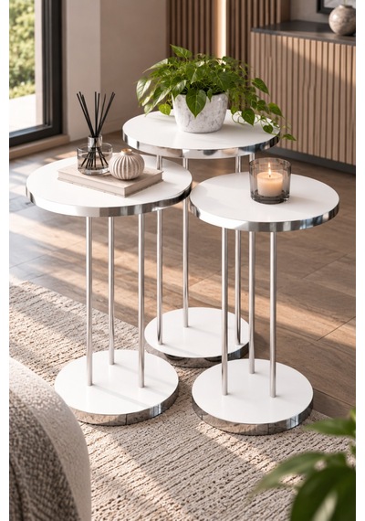 Sulorahome Gümüş Metal Ayaklı Beyaz 3'lü Zigon Sehpa Takımı