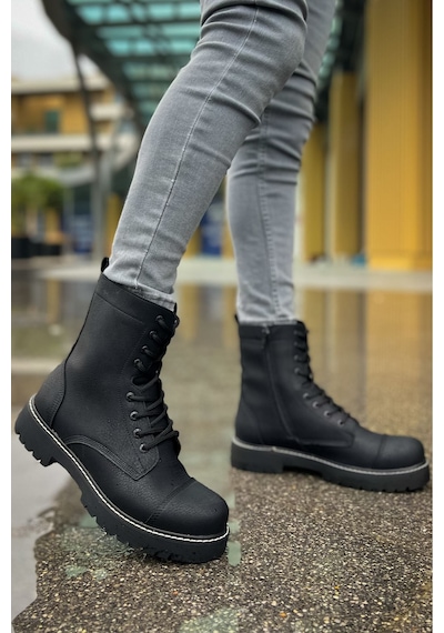 Roof Atelier Erkek Siyah Bağcıklı Kalın Taban Bot - 009 - Cst Military Siyah